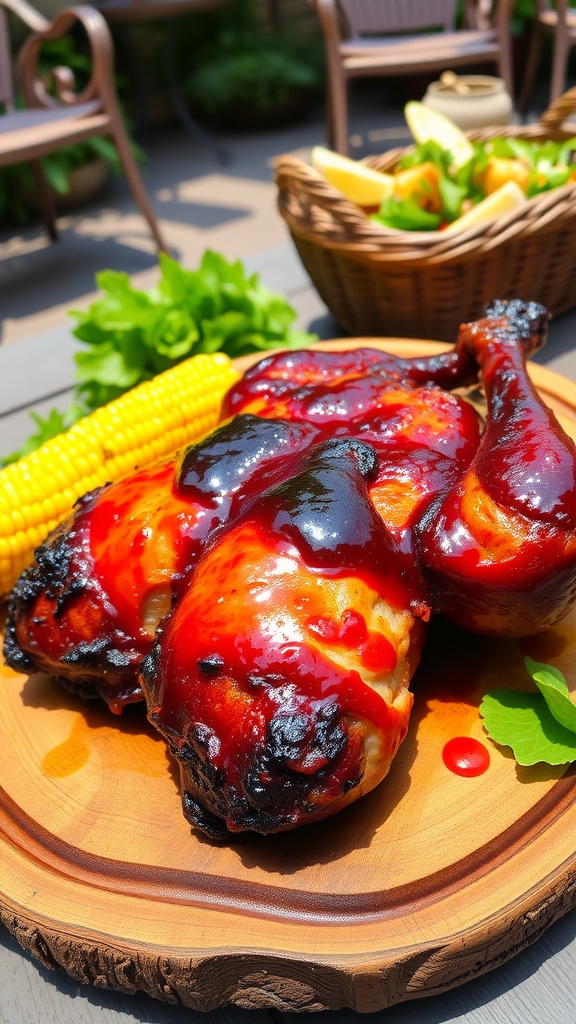Grilled barbecue chicken with sauce on a wooden platter, served with corn and salad, on an outdoor patio.